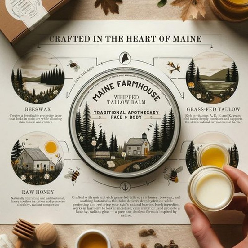 Maine Farmhouse Whipped Beef Tallow for Skin | Unscented Body Butter | Natural Face and Body Moisturizer | Honey, Beeswax and Botanicals | 2 fl oz