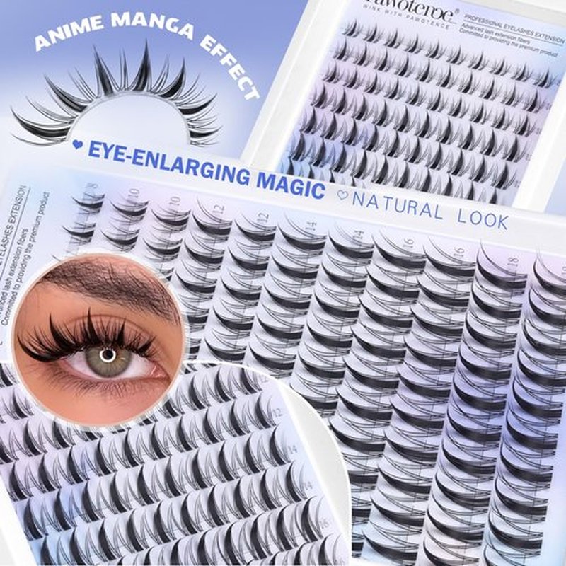 Pawotence Manga Lash Clusters Kit Eyelash Clusters 8-18mm Lash Extension Kit Fairy Individual Lashes Cluster Wispy with Lashes Cluster Glue, Tweezers for Invisible Band Cluster Eyelash Extensions Kit