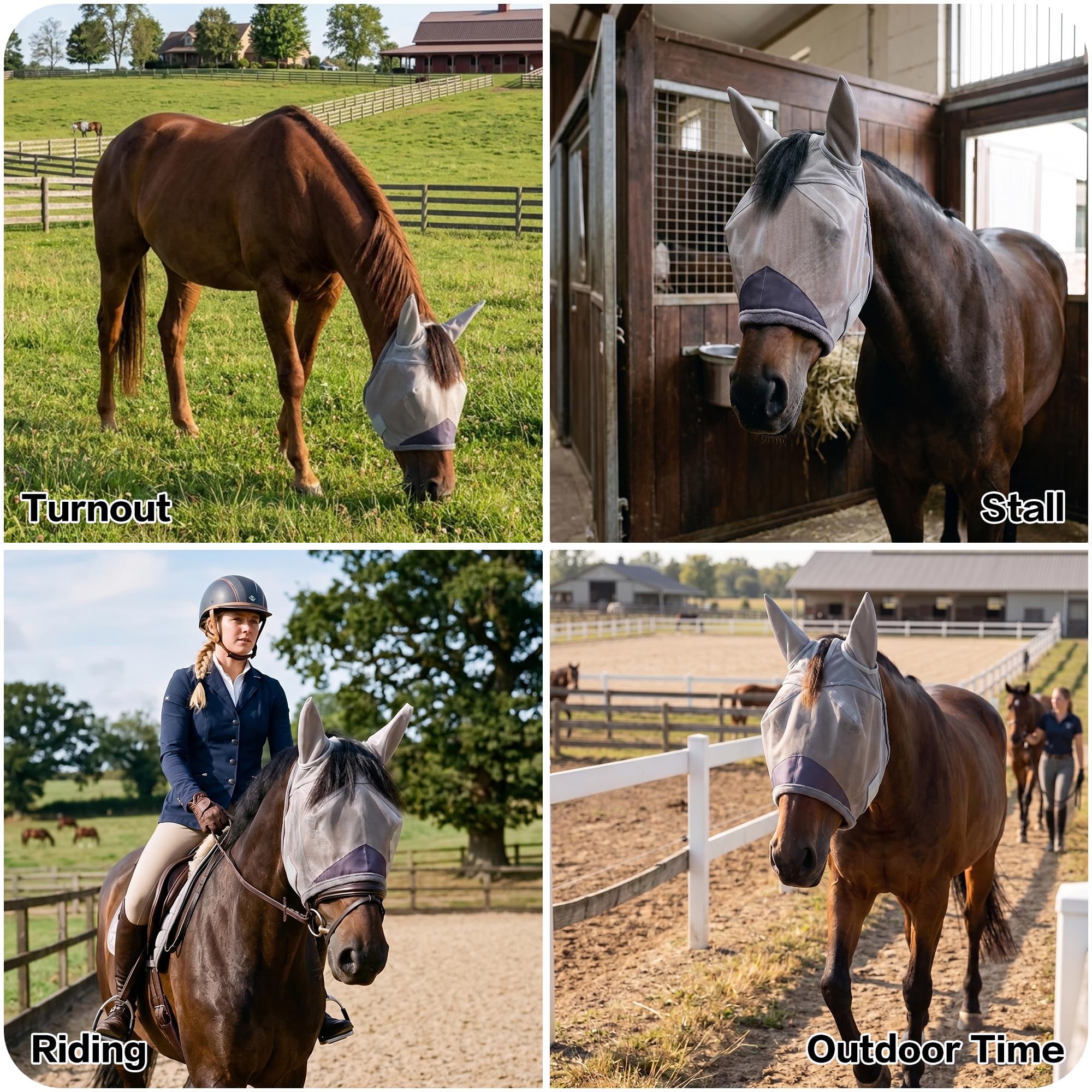 Horse Fly Mask with Ears - UV Protection Fine Mesh Super Comfort Fly Masks for Horses, Adjustable Breathability Horses Masks, Pony Equine Fly Mask for Miniature Foal Draft Cob Srabian Full (Gray, L)