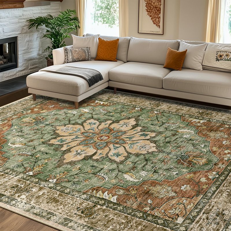 RELEANY Area Rugs 8'x10' Washable Non-Slip, Floral Vintage Distress Medallion Carpet for Living Room Bedroom Dining Room, Terracotta Burnt Orange Green