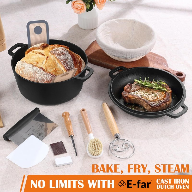 E-far 5QT Dutch Oven - Versatile Cast Iron Pot with Skillet Lid & Sourdough Starter Kit | Ideal for Baking, Frying, BBQ