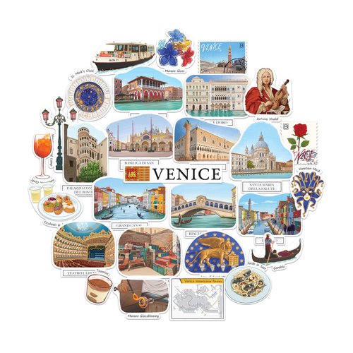 Navy Peony Velvety Venice Travel Stickers - Hand-Painted Gouache, Matte, Die-Cut - for Journals, Scrapbooks (28 Pcs)