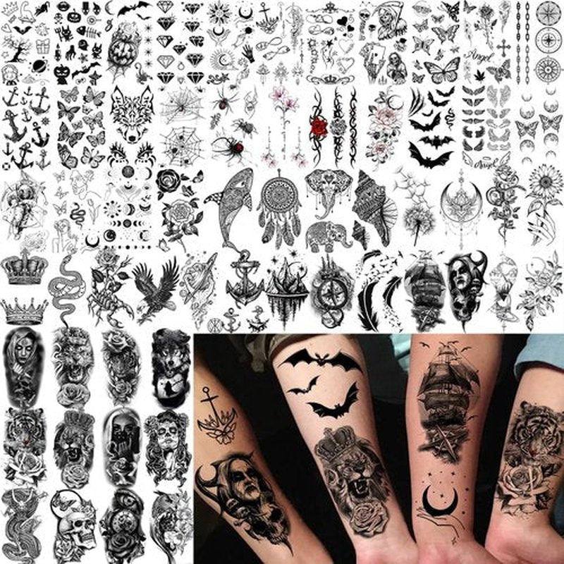 71 Sheets Rose Peony Flower Temporary Tattoos For Women Adults, Black Florals Half Arm Sleeve Realistic Temp Bulk Fake Tattoo Stickers Butterfly Ship Bee Carp Turtle Elephant Whale Spider Web Skull