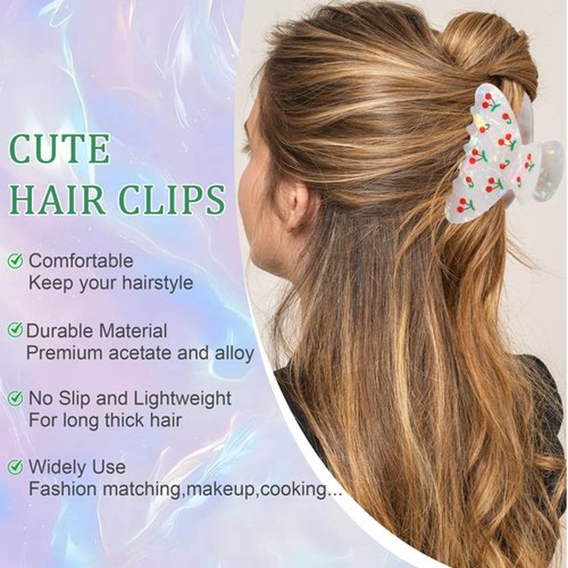 OWIIZI Cherry Hair Clips for Women 3.5" Durable Acetate Cute Hair Claw Clips Ponytail Barrette Strong Hold Acrylic Hair Accessories for Girls Long Thick Hair