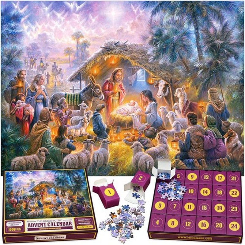 Jigsaw Puzzle Advent Calendar 2025 - Nativity Scene with 1008 Pieces | 24 Boxes Holiday Countdown Gift