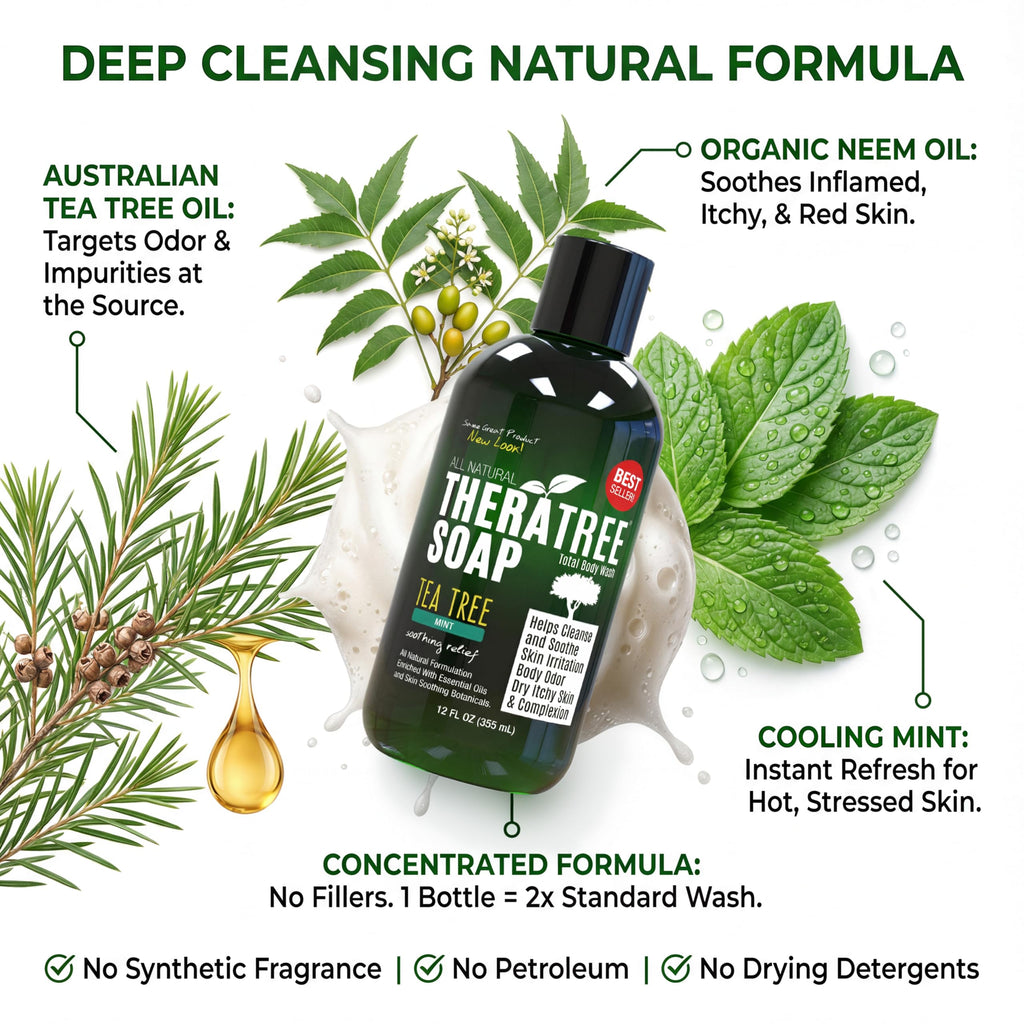 Oleavine TheraTree Tea Tree Oil Body Wash & Foot Wash - Mint - Natural Cleansing Shower Gel for Daily Skin & Body Care - Soothing & Refreshing Formula for Men & Women, 12 Fl Oz