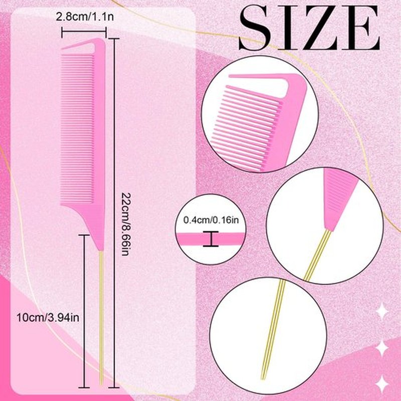 Patelai 30 Pcs Rat Tail Combs Bulk Steel Pin Rat Tail Carbon Fiber Heat Resistant Teasing Combs Fine Tooth Pintail Braiding Hair Tools for Stylists Salon Sectioning Detangling(Pink and Gold)