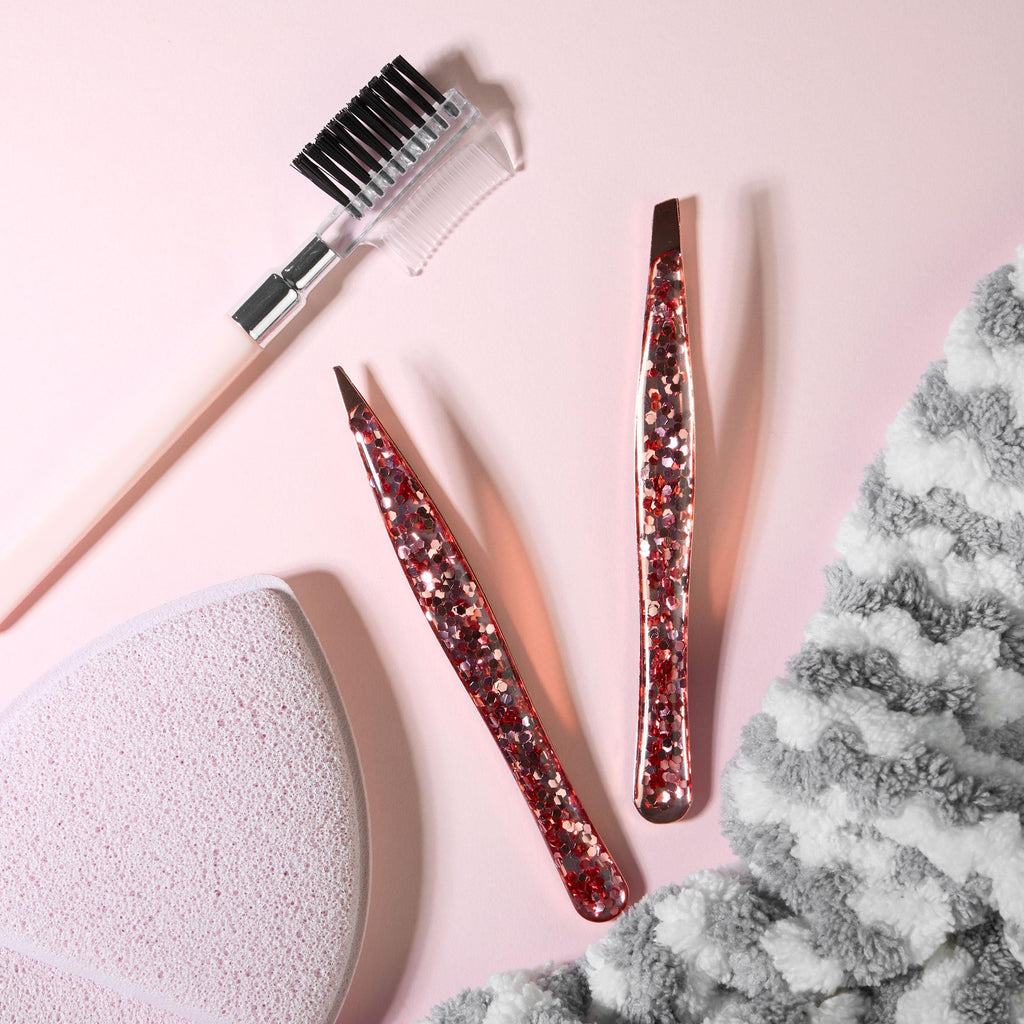 2pc Rose Gold Glitter Tweezer Set - Pointed & Slanted Precision Tweezers