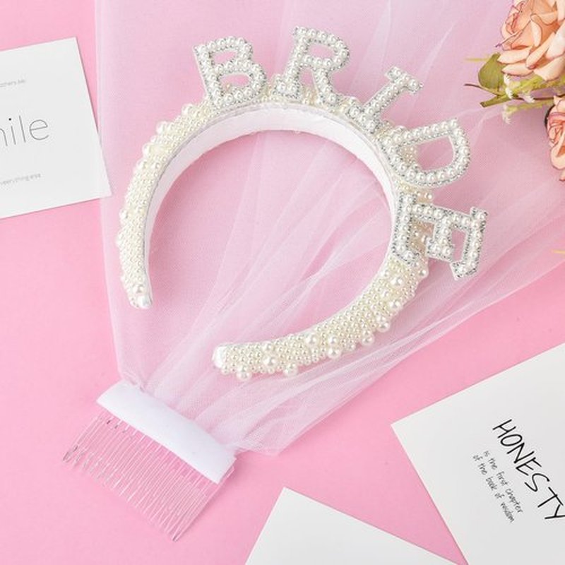 SUVO Pearl Bride Headband with Veil - Perfect for Bridal Shower and Bachelorette Party Decorations or Gifts