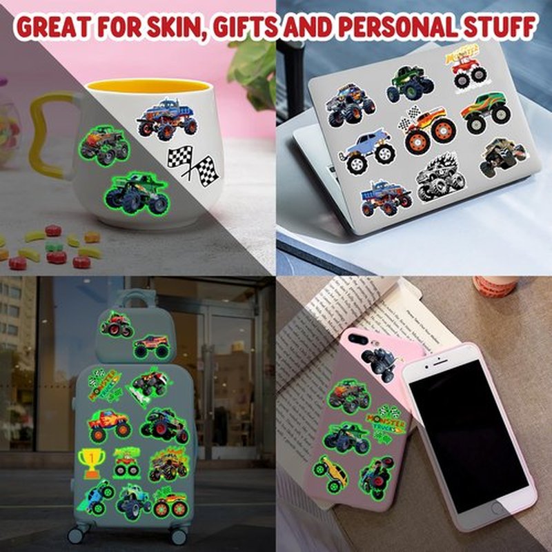 96PCS Monster Truck Pre-Cut Temporary Tattoos for Kids - Super Cute Birthday Party Supplies, Favors, and Decorations - Fake Tattoos Stickers for Boys, School Rewards, and Gifts (Glow in the dark)