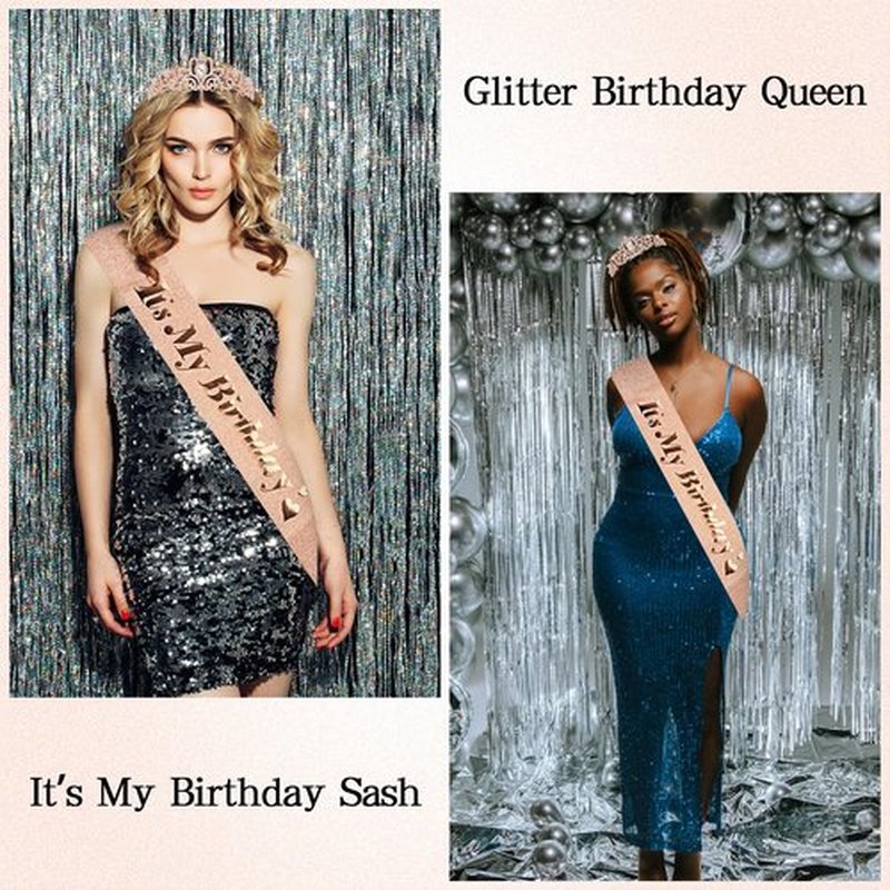 CURASA Rose Gold Birthday Crown and Sash for Women Girls Princess Birthday Tiaras Sashes for Parties and Celebrations