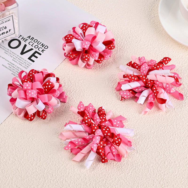 Valentine Hair Bow Clips - Curly Ribbon & Flower Ball Hair Bow Clips Handmade Cheer Alligator Barrette Pins for Kids Girls Grosgrain Ribbon Fireworks Ballflower Accessories (Red/White/Pink)