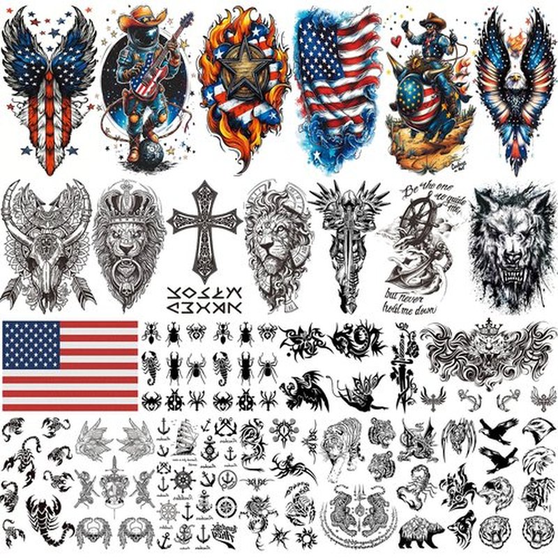 Aresvns 24 Sheets Temporary Tattoo for Adults,USA Eagle and Flag Device, 3D Military Lion Wolf Skull Totem Fake Tattoo, Fourth of July Memorial Day Labor Day Decorations Patriotic Tattoos