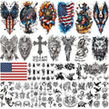 Aresvns 24 Sheets Temporary Tattoo for Adults,USA Eagle and Flag Device, 3D Military Lion Wolf Skull Totem Fake Tattoo, Fourth of July Memorial Day Labor Day Decorations Patriotic Tattoos
