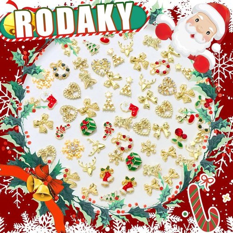 RODAKY 62PCS Christmas Nail Charms 3D Snowflake Santa Claus Charm and Gems Rhinestone Jingle Bell Elk Gold Nails Art Jewelry for Manicure Design Decoration Accessories