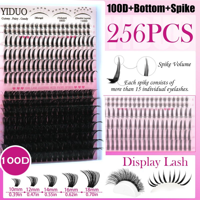 YIDUO Lashes Clusters Kit Bottom Lashes with Spikes 100D Cluster Eyelash Extensions Kit 10-120mm D Curl Volume Manga DIY Individual Strips Lashes Thick with Lash Bond and Seal Tweezers Remover