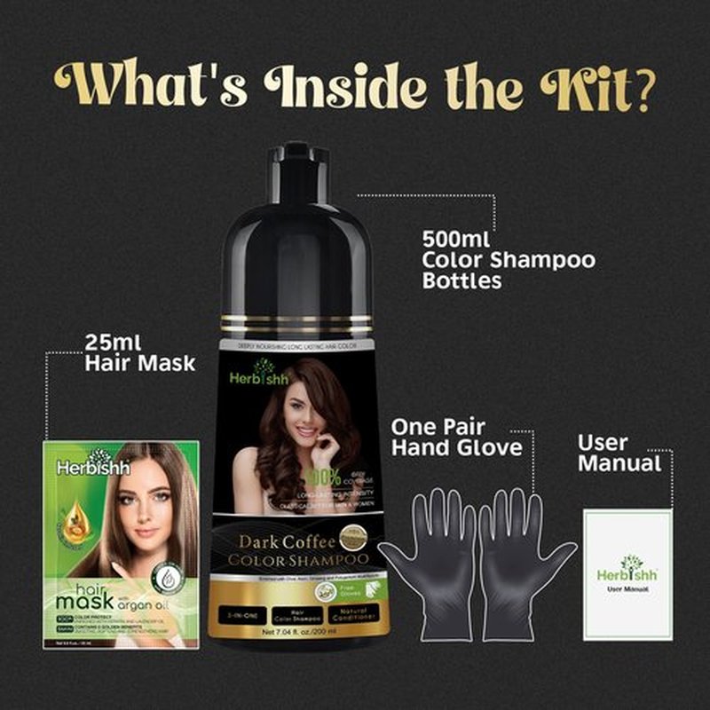 Herbishh Dark Coffee Shampoo, Hair Dye Shampoo 3 in 1, 100% Grey Coverage, Demi-Permanent Hair Color for Men & Women, Long-lasting Color in 20-25 Mins, Ammonia-free, 200 ml
