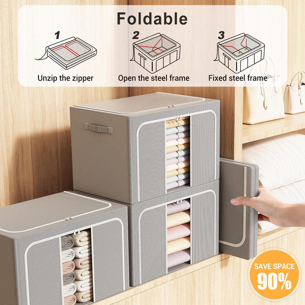LeArex Clothes Storage Bins with Metal Frame Foldable Storage Box Clothes Organizers Storage Containers for Clothes Sheets Blankets Books Toys Gifts and Holiday Decorations (66Lx3 Pack)
