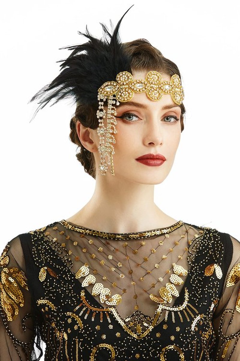BABAEYOND 1920s Headpiece Flapper Headband - Feather Crystal Headpiece Flapper Accessories (Gold Black)
