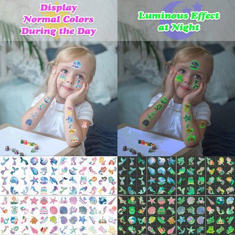 96 PCS Mermaid Ocean Sea Pre-Cut Luminous Glow in the dark Temporary Tattoos for Kids | Super Cute Themed Birthday Party Favors Supplies Decorations, Fake Tattoo Stickers Gifts for Boys Girls Rewards