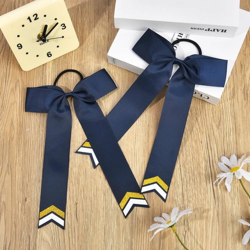 DEEKA 12PCS Collegiate Style Cheer Bows with Glitter Chevrons Tail Skinny College Cheerleader Ponytail Holder for Volleyball Softball Girls (Navy Blue/Gold/White)