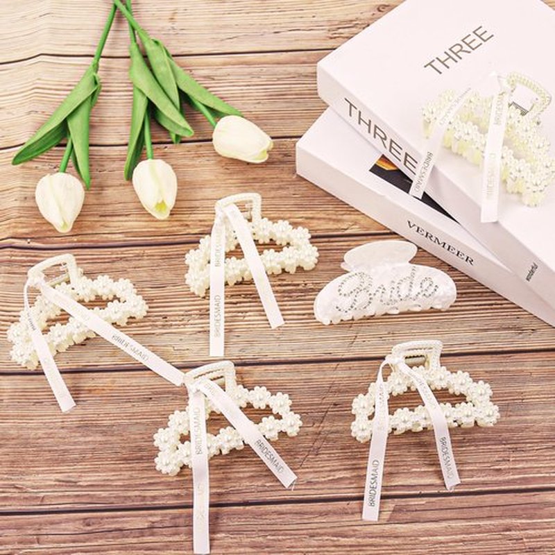 Pearl Bridesmaid Hair Claw Clips 3.7 Inch With Ribbon and 1Pack Acrylic Bride Claw Hair Clip With Rhinestone Bride Logo Set,Bachelorette Bridal Party Favors Present Bridesmaid Proposal Gifts