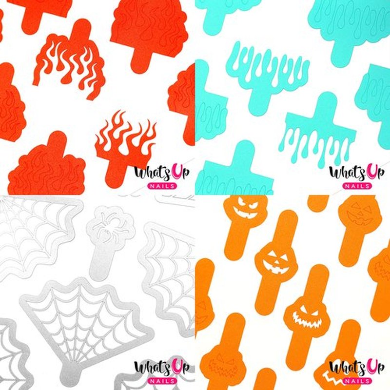 Halloween Nail Vinyl Stencils 4 Pack (Fire, Slime Drips, Spider Web, Pumpkin Faces) for Nail Art Design