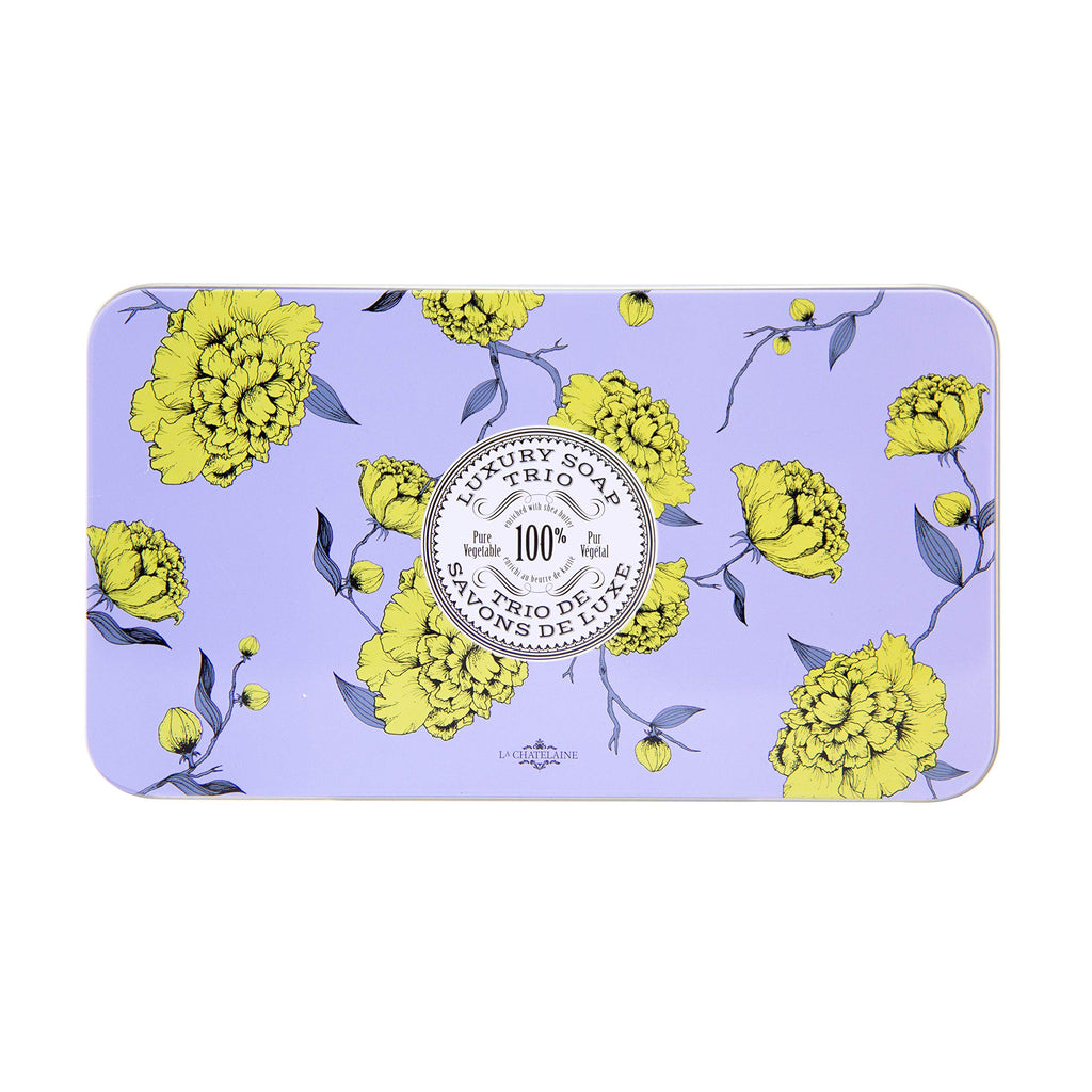 La Chatelaine Luxury Bar Soap Trio Gift Set Tin | Made in France | Natural and Organic | Shea Butter Formula | 3 x 7 oz / 200g - Lavender Soap Trio (Lavender, Lychee Bilberry, Lemon Verbena)