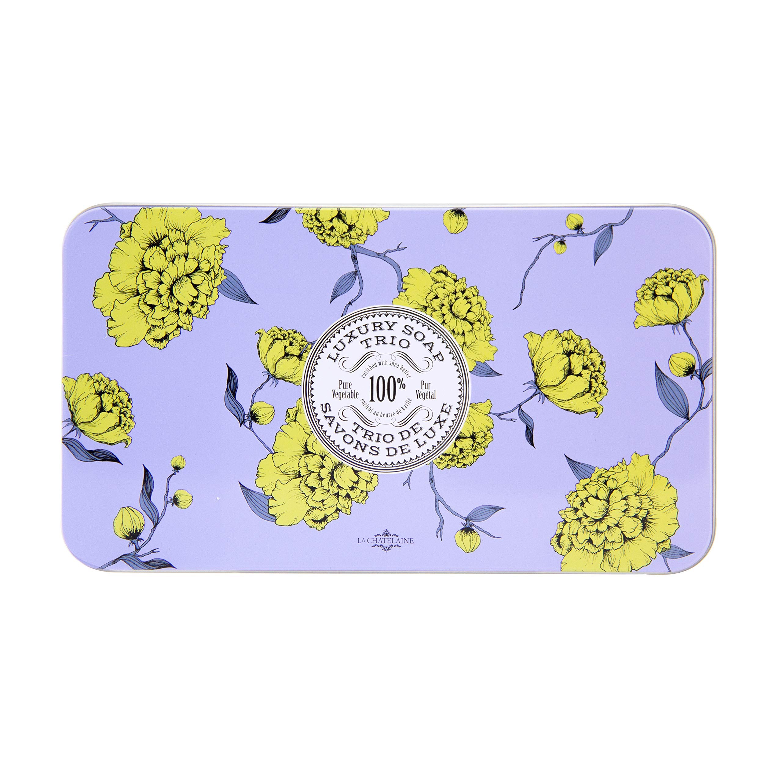 La Chatelaine Luxury Bar Soap Trio Gift Set Tin | Made in France | Natural and Organic | Shea Butter Formula | 3 x 7 oz / 200g - Lavender Soap Trio (Lavender, Lychee Bilberry, Lemon Verbena)
