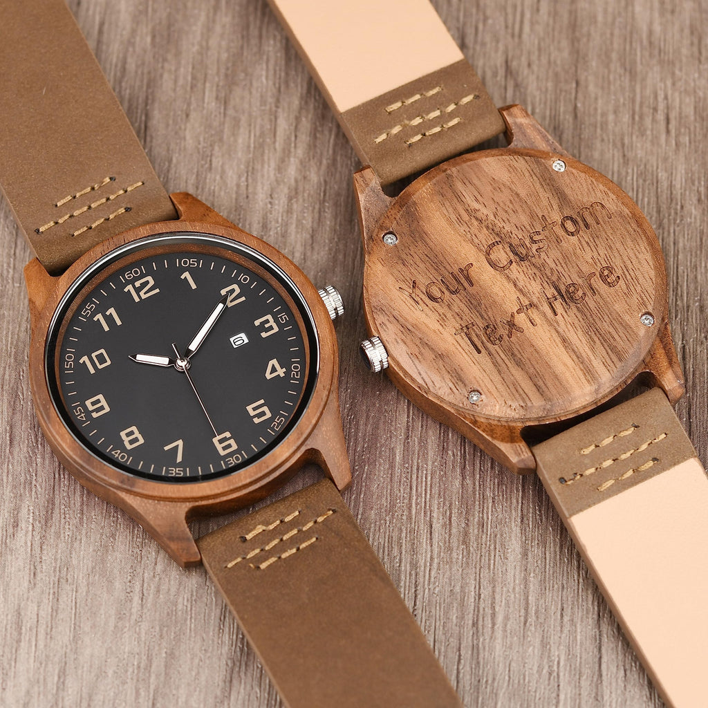 LMWOOD Engraved Wood Watch for Men Walnut Leather Strap Anniversary Birthday Personalized Watch for Husband Dad Son