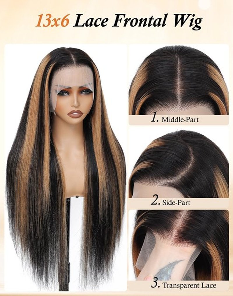 KUKIM 30 Inch Ombre Straight Wigs Human Hair 13x6 HD Transparent Lace Front Wigs Human Hair Pre Plucked 200 Density Highlight Real frontal Wig Can Last 6-9 Months Tangle-Free Natural Black for Women