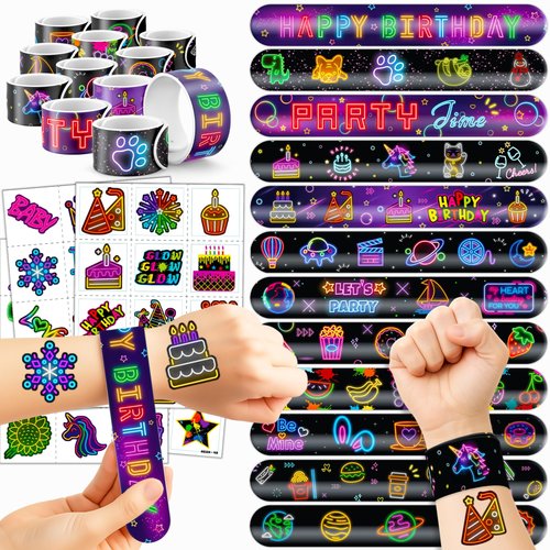 Cherisnowy 72 PCS Neon Party Set - 48 Neon Temporary Tattoos, 24 Slap Bracelets Wristbands - Fun Glow Party Supplies for Birthday, Baby Shower, Classroom Rewards, Decorations & Gifts for Kids