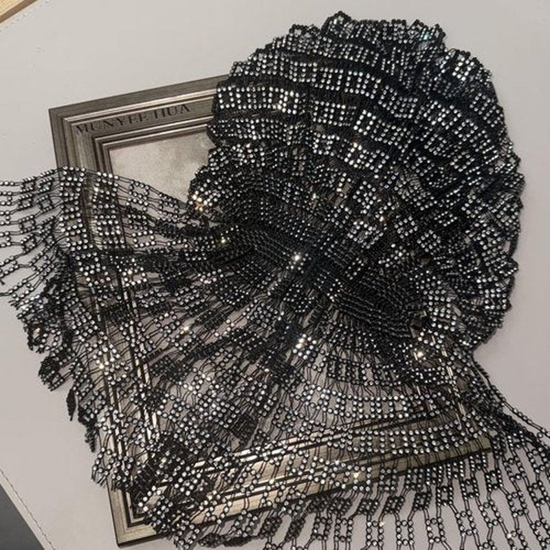 Munyee Hua Square Rhinestone Head Scarf for Women Bling Sparkly Hijab Stretchy Rave Turban Hat Handmade Headband Crystal Mesh Cap Hair Snood Nets Vintage Dress Concert Headpiece Black