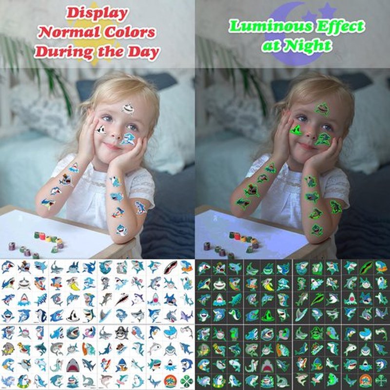 96 PCS Ocean Shark Glow In The Dark Pre-Cut Temporary Tattoos Sticker Sea Animal Birthday Party Decorations Decor Favors Supplies Gifts Boys Girls Cute Fake Tattoo School Reward Themed (Luminous)