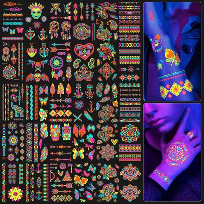 201pcs Glow In the Dark Tattoos for Party Supplies, Glow Temporary Tattoos Under Neon UV Blacklight for Kids Teens and Adult, Glow in The Dark Party Decorations, Glow Party Favors