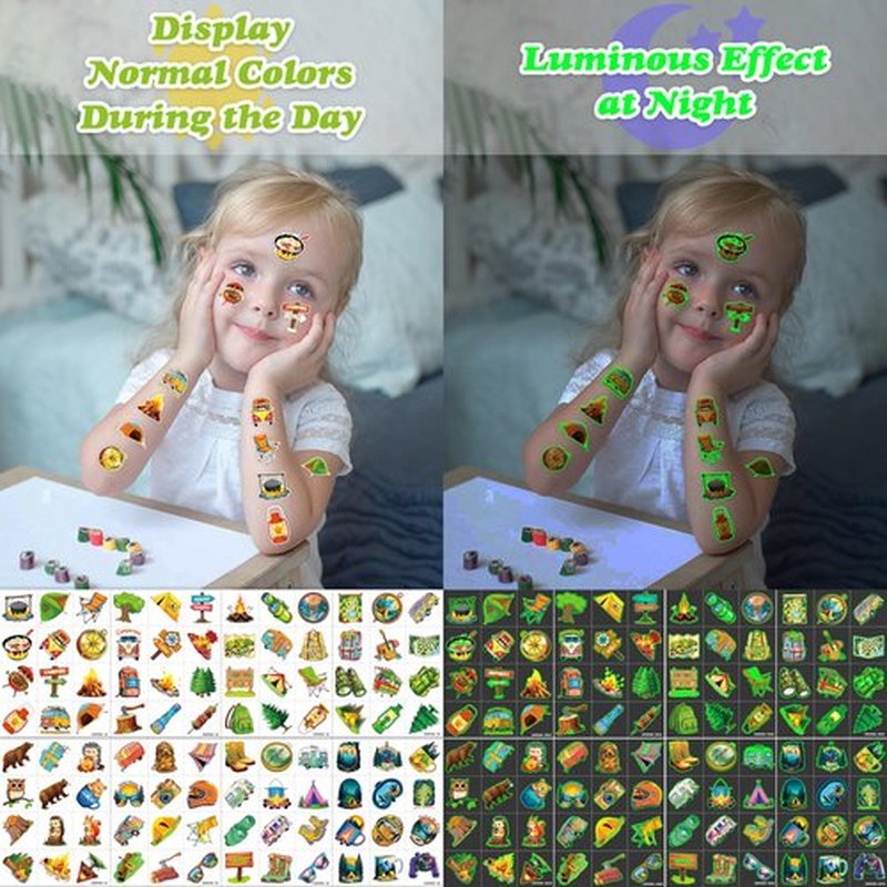 96PCS Camping Camp Camper Campfire Pre-Cut Luminous Glow in the dark Temporary Tattoos for Kids | Super Cute Themed Birthday Party Favors Supplies Decorations, Fake Tattoos Gifts for Boys Girls