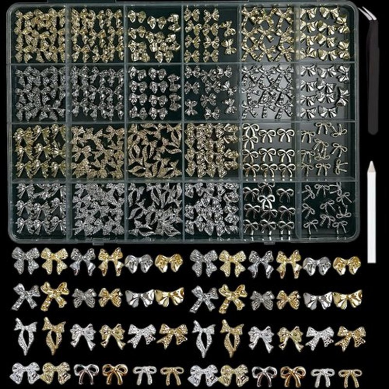240Pcs Gold and Silver Bow Nail Charms, 3D Metal Alloy Bowknot Charms with Nail Art Pen & Tweezers for DIY Nail Decor, Jewelry Making, Craft Accessories for Women Girls