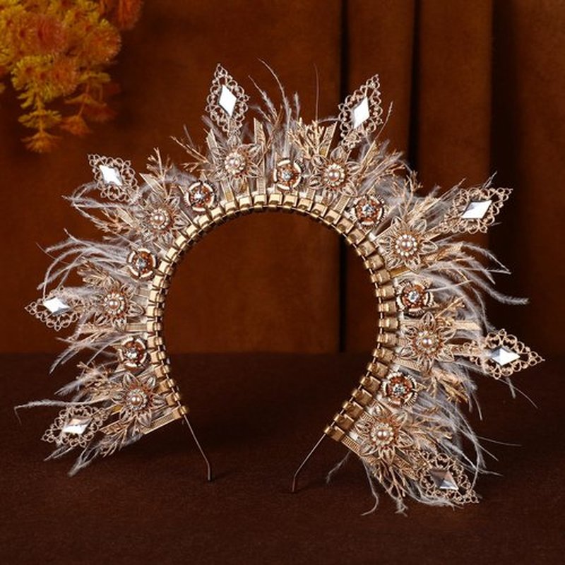 COSUCOS Feather Halo Crown Headpiece - Zip Tie Fantasy Queen Greek Goddess Headpiece Handmade Angle Wedding Headband for Halloween Cosplay Party White Feather Cube Glass Drill Renaissance