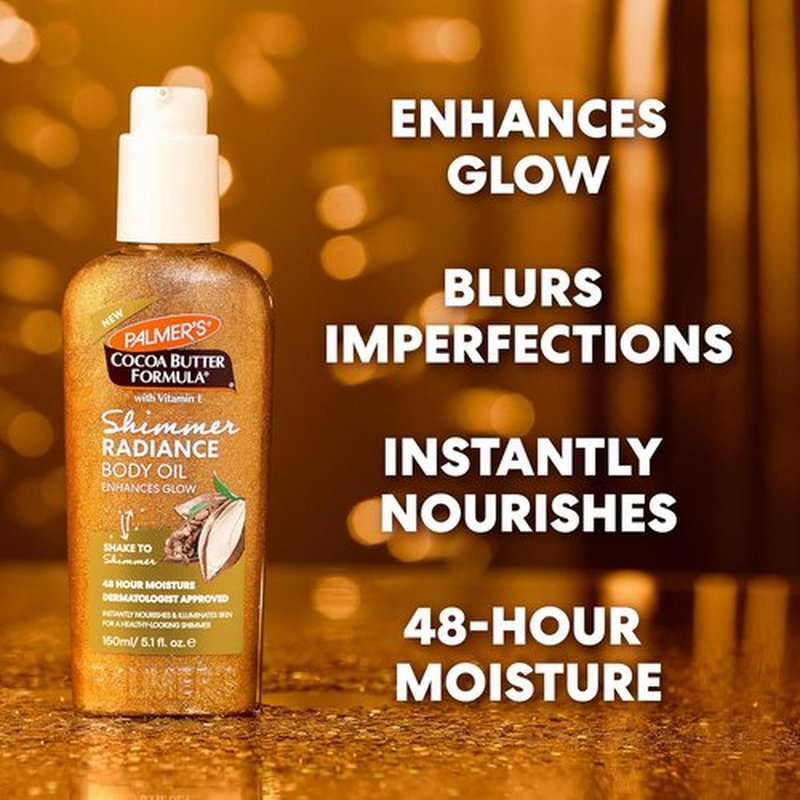 Palmer's Cocoa Butter Formula Shimmer Body Oil - Radiant Glow with Vitamin E, 5.1 Fl Oz | Hydrating for Dark Tones & Tans