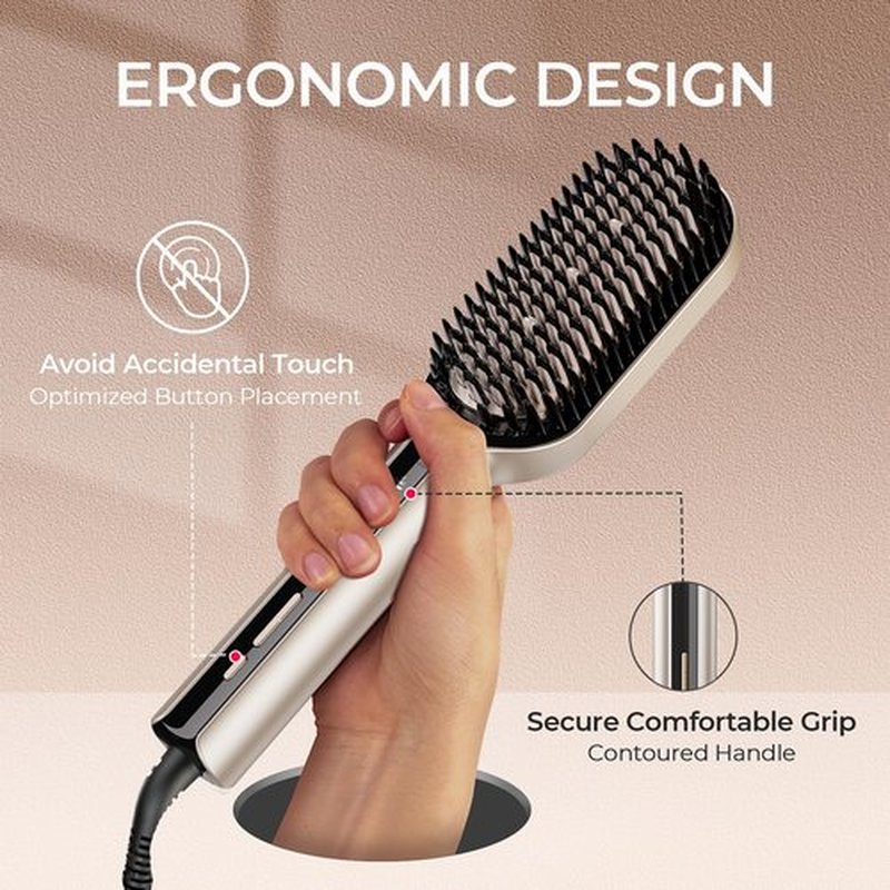TYMO Hair Straightener Brush - Upgraded Ionic Plus Straightening Brush with Dense Bristles, 16 Temps, Dual Voltage | Ceramic Hot Comb for Women | Flat Iron for Thick Curly Hair, Gold