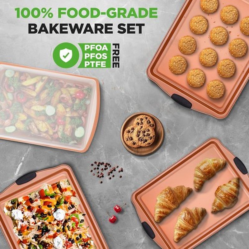 NutriChef 5-Piece Non-Stick Bakeware Set - Premium Carbon Steel Pans with Silicone Handles for Cookies & Roasting