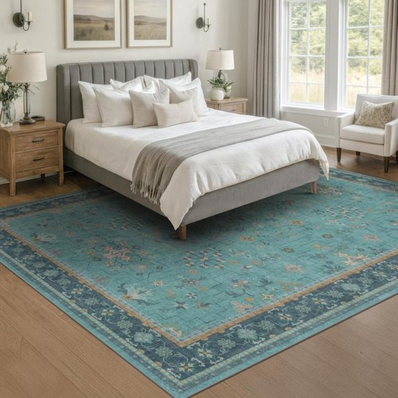 Regine Switzerland Washable Teal 5x8 Area Rug - Modern Floral Design, Non-Skid, Stain Resistant
