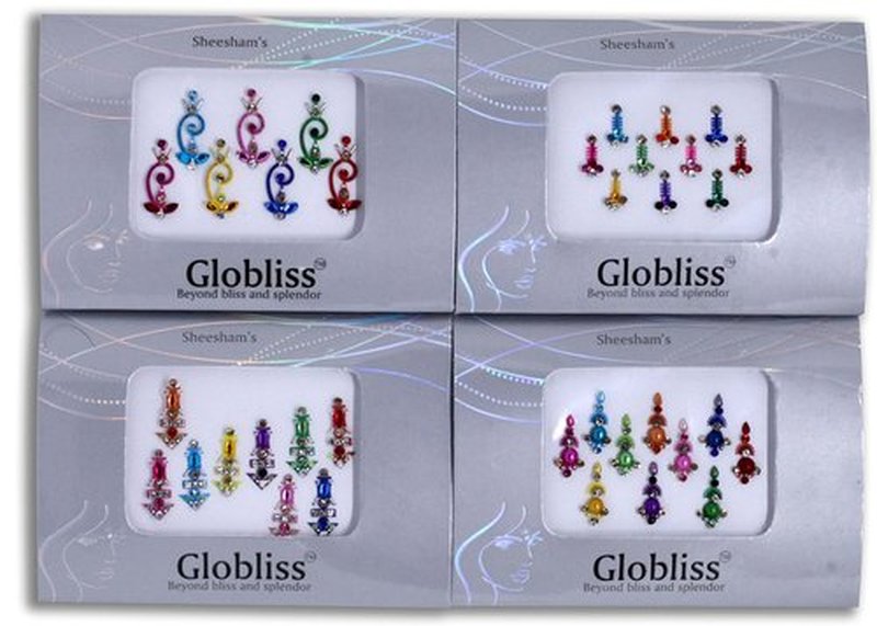 Globliss 4 Packs Crystal Indian Bindis Multicolored Jewels face Gems Forehead Sticker