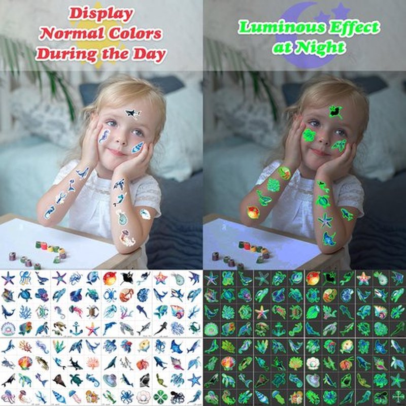96 PCS Ocean Pre–Cut Luminous Temporary Tattoos Themed Birthday Party Decorations Favors Supplies Décor Glow In The Dark Shark Sea Turtle Tattoo Stickers Gifts For Game Boys Girls (Glow in the Dark)