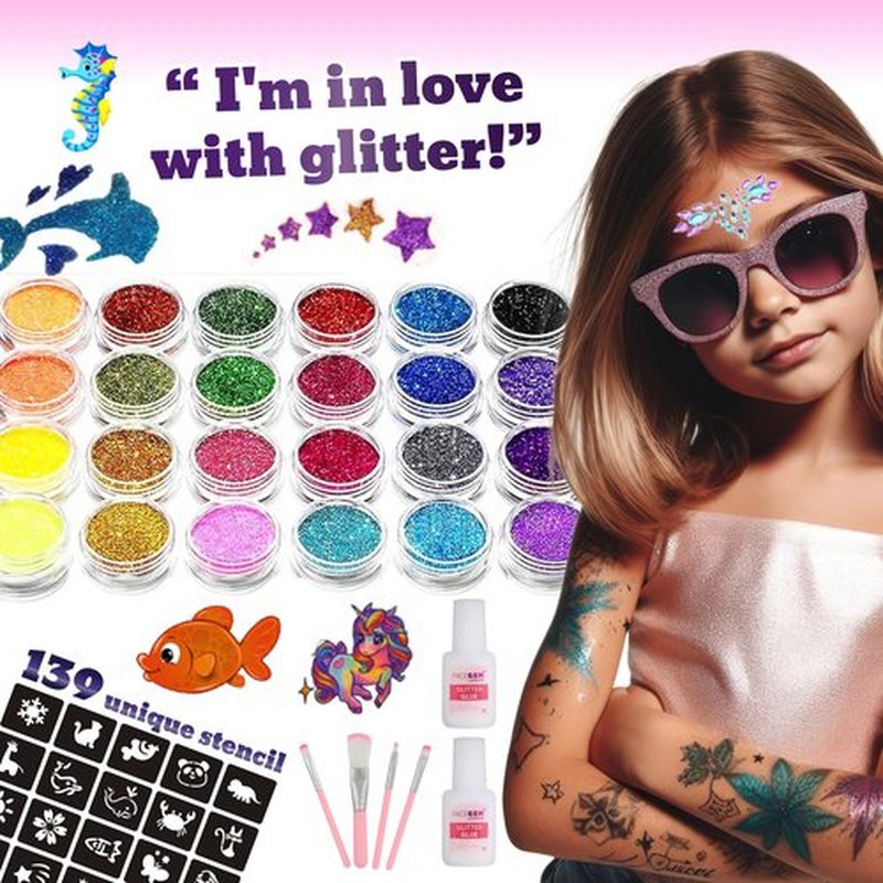 Glitter Tattoos for Kids, Glitter Tattoo kit, Face Gems, Rhinestones, Temporary Tattoos, Face Glitter Festival, face gems Stick on, Festival Accessories, face gem for Festivals,Girls Birthday Present