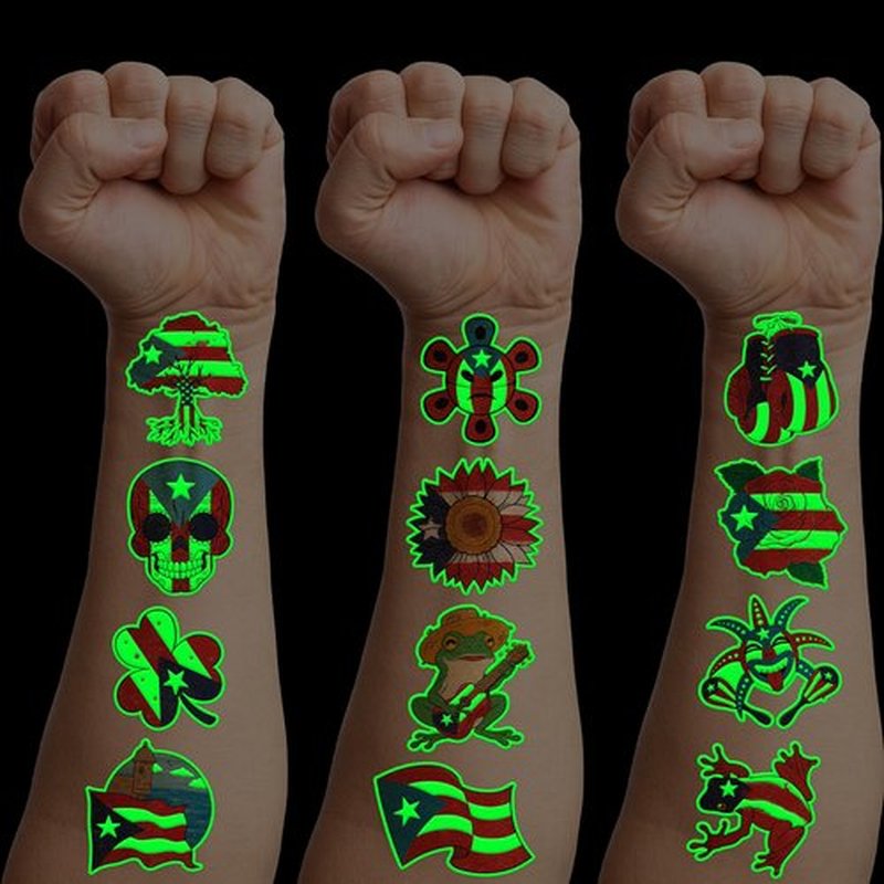 96 PCS Puerto Rico PR Puerto Rican Flag Pre-Cut Luminous Glow in the dark Temporary Tattoos for Kids | Super Cute Themed Birthday Party Favors Supplies Decorations, Fake Tattoos Gifts for Boys Girls