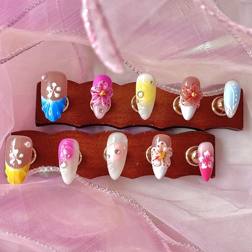 Handmade Press On Nails 3D Floral Medium Almond Shaped Artistic Design Acrylic Pink Stick-On Nails | Durable, Unique, Salon-Quality False Nails (Pink, M)