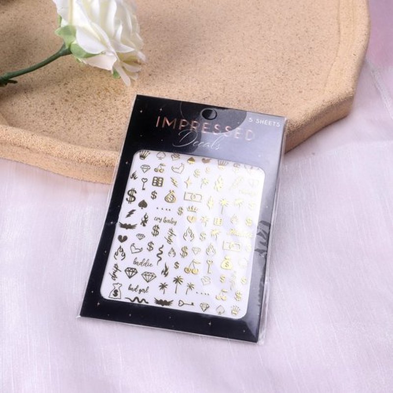 Impressed 5 Sheets Gold Holographic Nail Art Stickers - 500+ Small Customized Nail Decals for Fake Nail Design Decorations – Cute Salon Nails Accessories - Manicure Décor Supplies for Women and Men