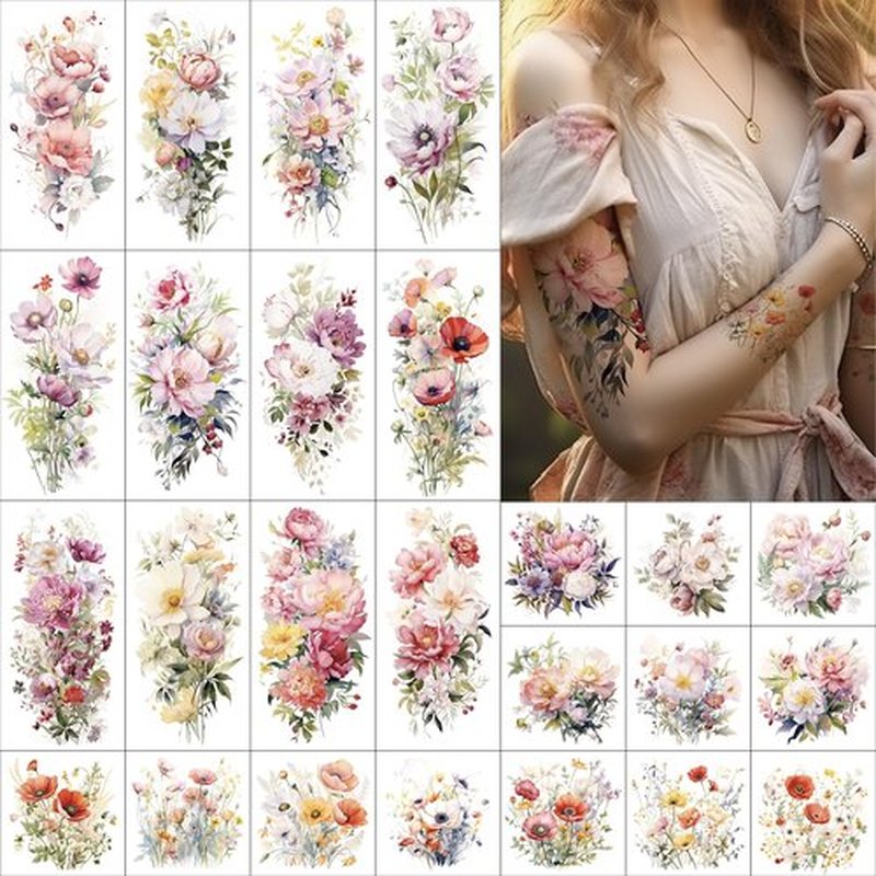 Everjoy Flower Temporary Tattoo Sleeve Sheets Kit, 12 Large Watercolor Floral Tattoo Stickers, 13 Small Fake Flower Tattoo Designs for Women and Girls