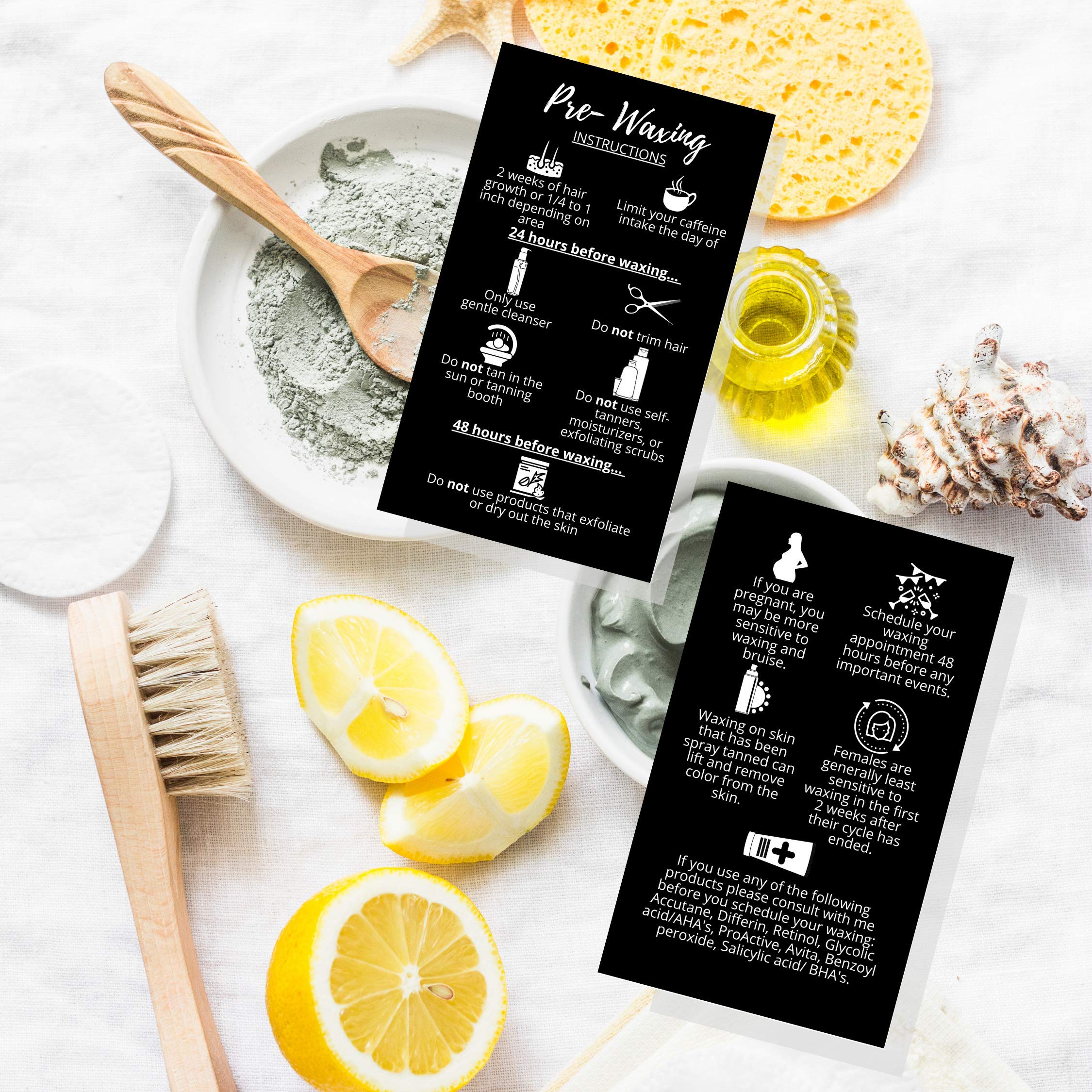 Waxing Aftercare Cards | 50 Pack | Size 2 x 3.5” inches Business Card Size | Waxing Aftercare Kit Cards PMU | Aftercare Instructions Black with Icons Design (Pre-Waxing)
